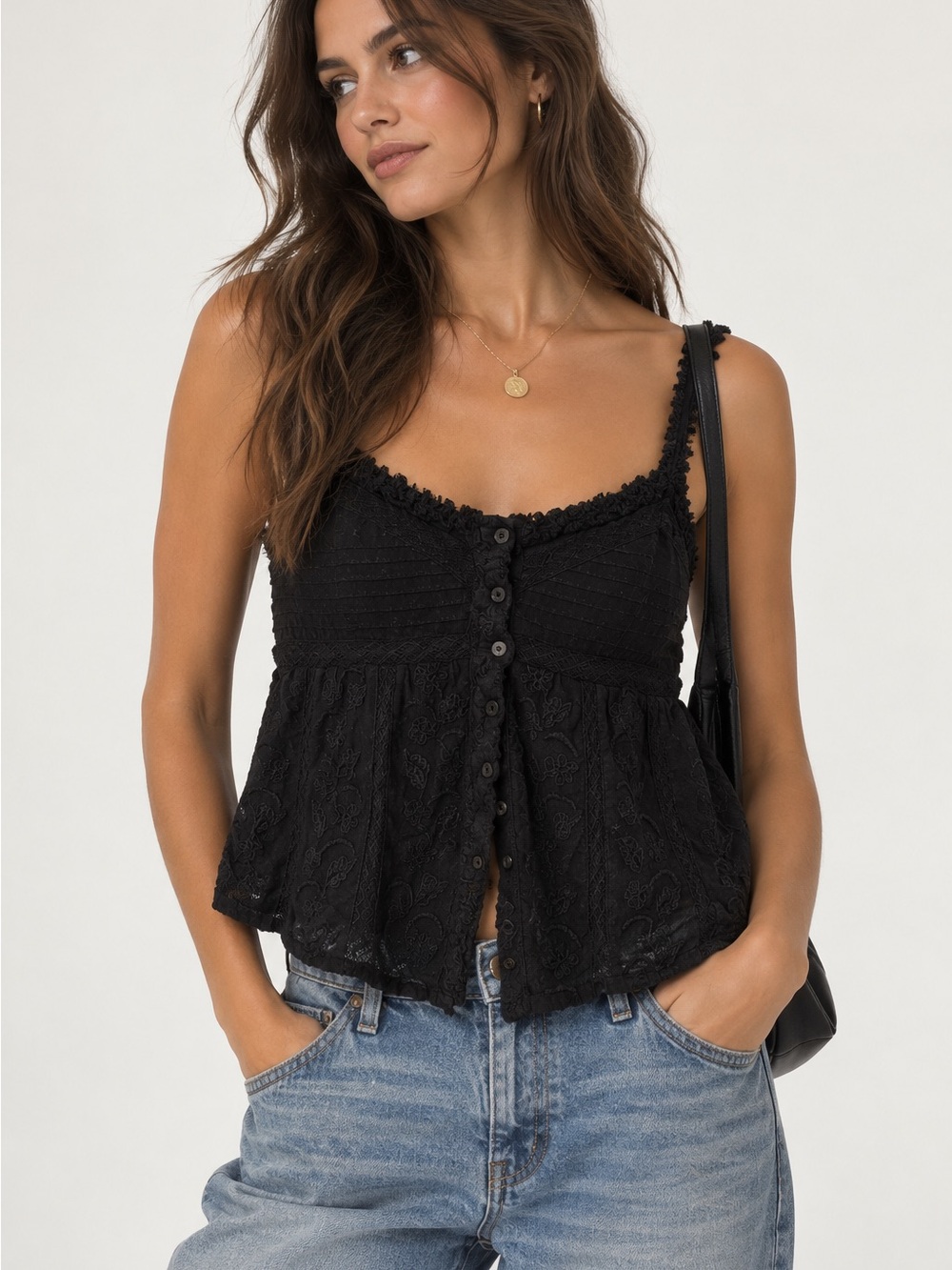 Zara Black Embroidered Lace Babydoll Cami Top Size Small Button Front Boho